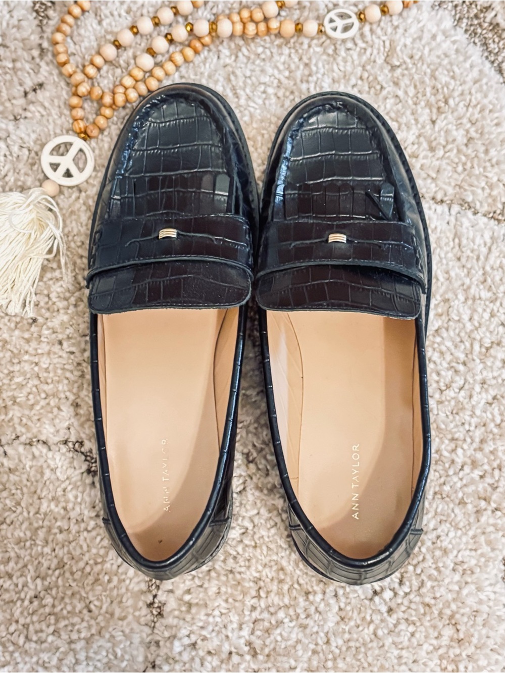 Ann Taylor Black Croc-Embossed Penny Loafers